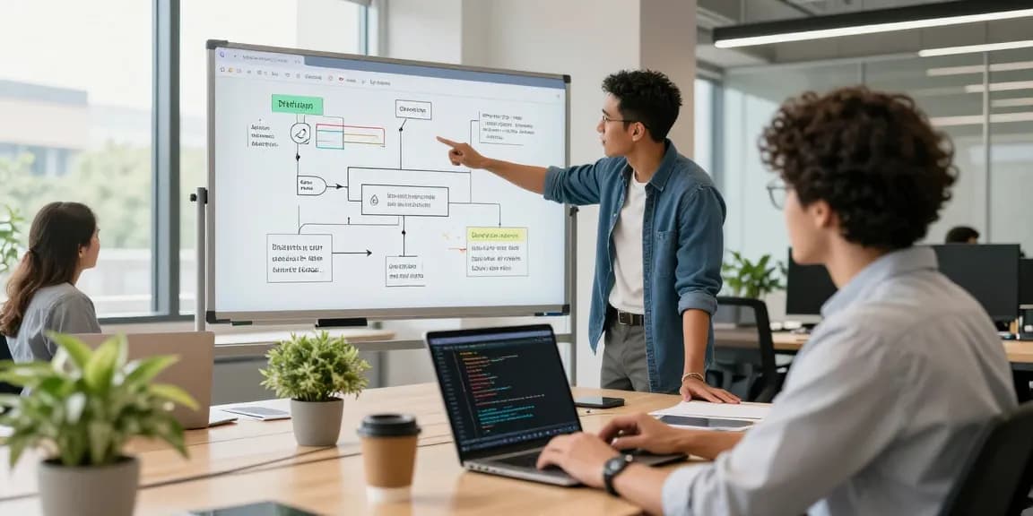 Developers collaborating to build internal tools with AI in a modern office.