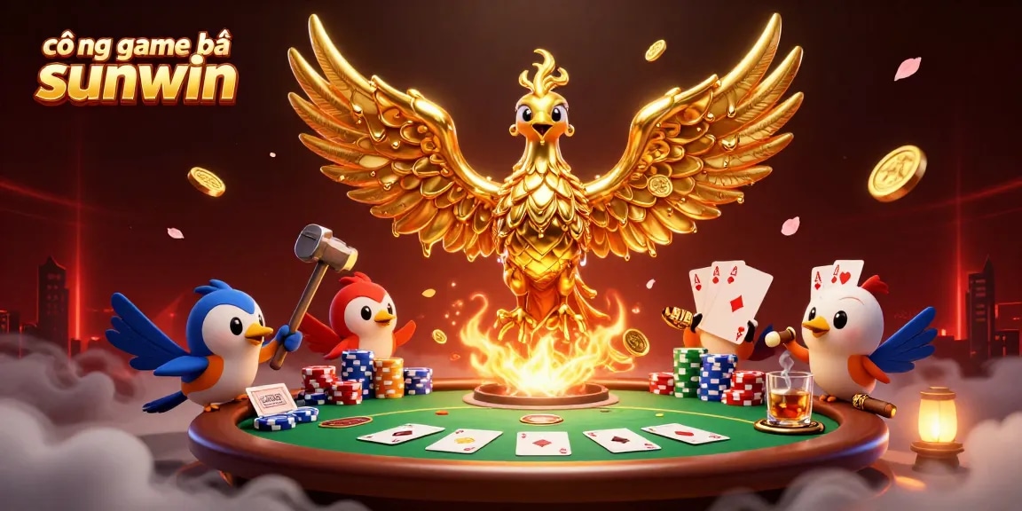 Experience thrilling gameplay at cổng game bài sunwin with a captivating 3D illustration featuring a golden phoenix and poker elements.