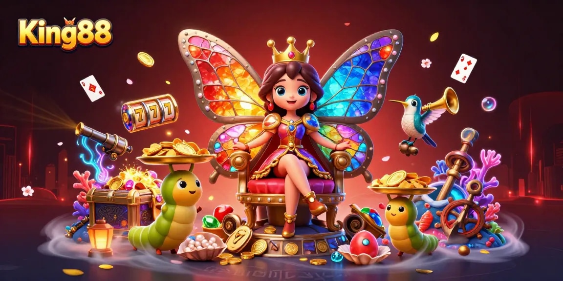Win big with King88: A dazzling casino realm featuring a butterfly queen, floating slot reels, and vibrant gold coins.