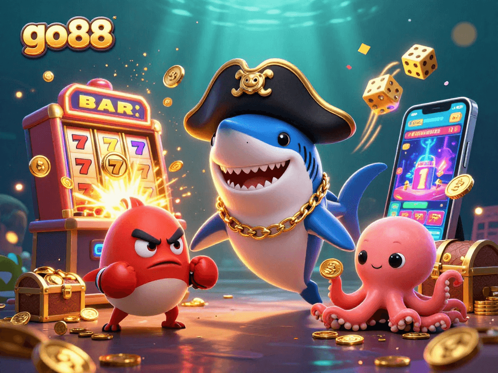 Experience go88 excitement with a pirate shark and friends amidst vibrant casino elements in this lively scene.