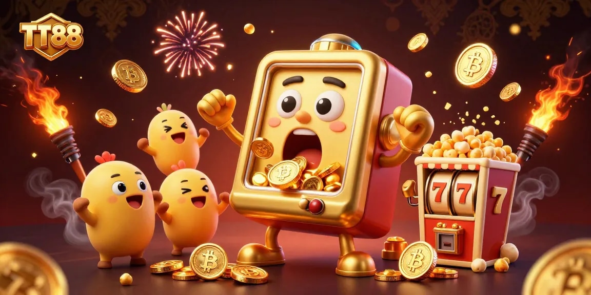 Experience TT88's thrilling jackpots as golden slot machines celebrate their wins amidst sparkling coins.