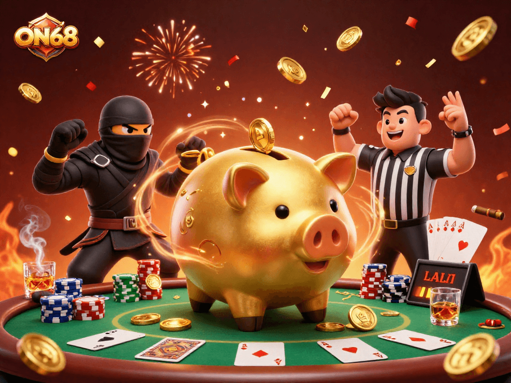 Experience thrilling moments with ON68 as a golden piggy bank sumo wrestler stomps coins while ninja and samurai characters engage