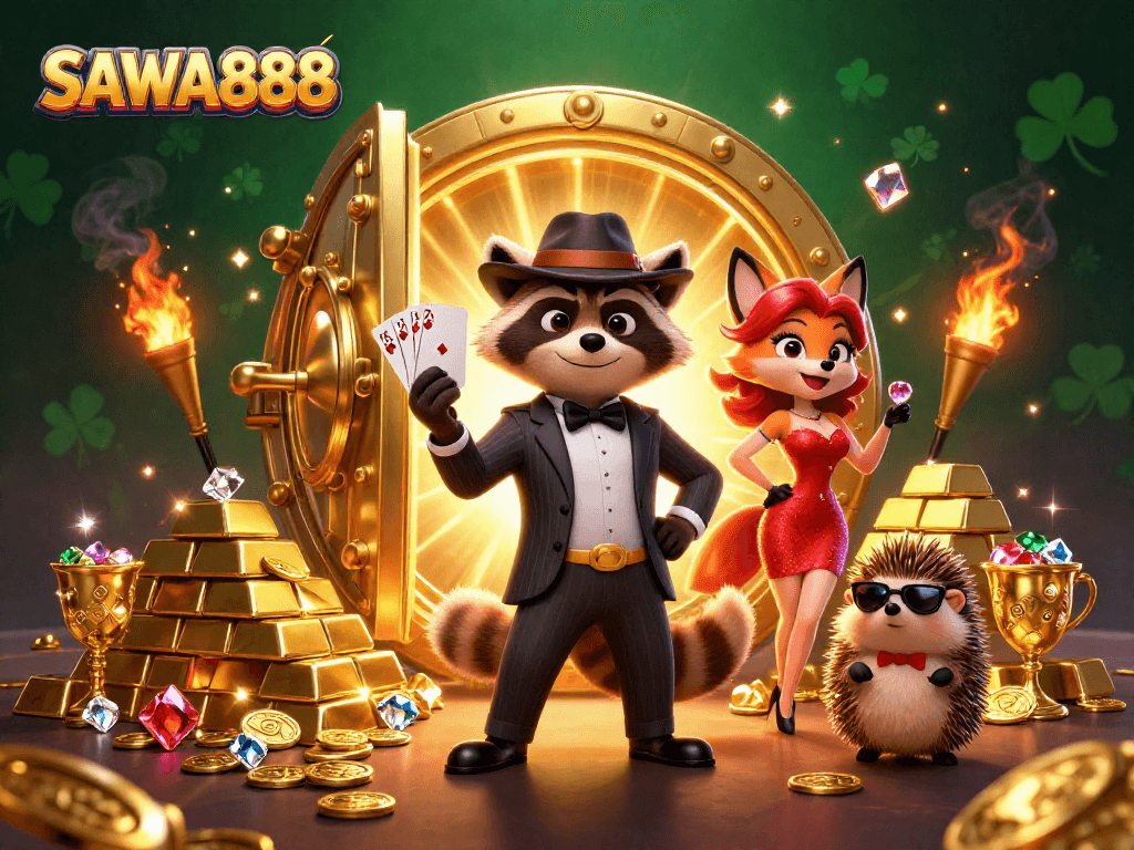 SAWA888 enhances your gaming experience with a vibrant casino scene showcasing playful characters and golden treasures.