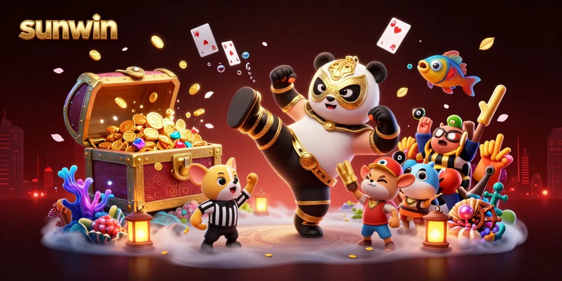 Kick off with sunwin’s thrilling 3D illustration featuring a panda wrestler amidst vibrant casino chaos