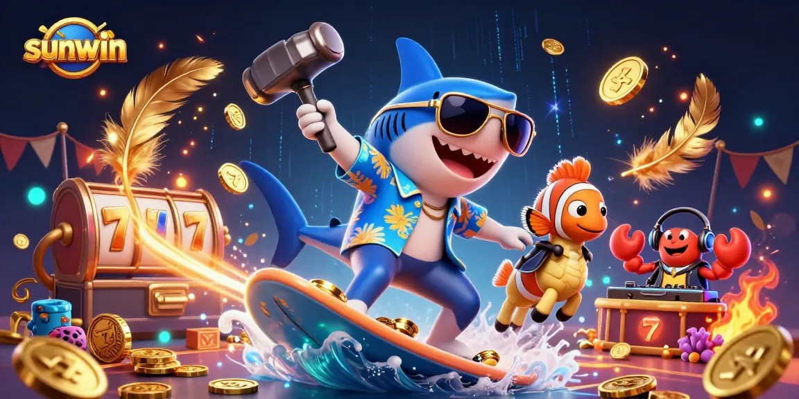 sunwin showcases an exciting 3D casino scene featuring a shark and other captivating characters