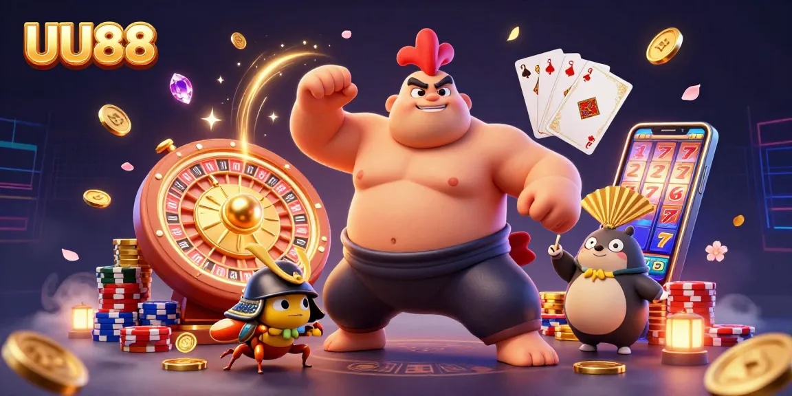 Experience the excitement of UU88 with an action-packed illustration showcasing dynamic casino elements.