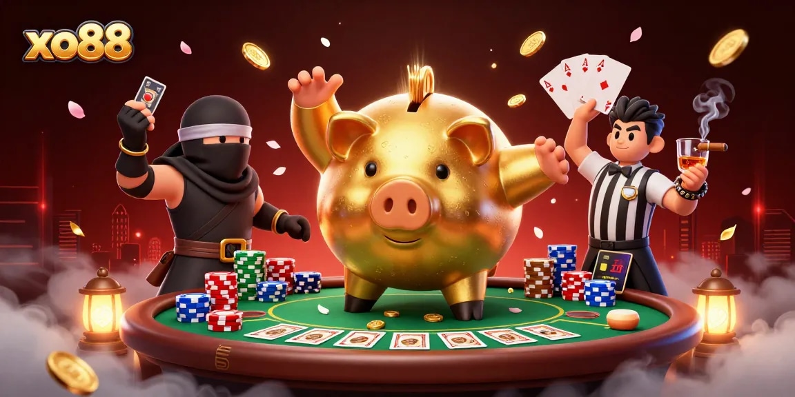 Experience immersive gaming with xo88 featuring an animated golden piggy bank sumo wrestler surrounded by poker action.