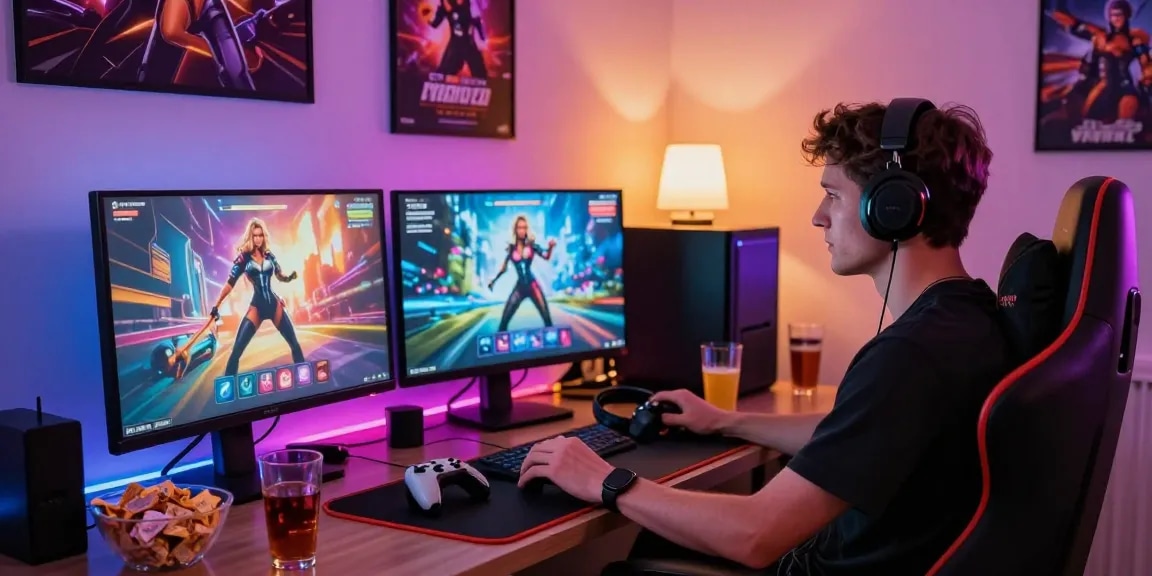 Engaging gamer playing sex games with immersive RGB lighting and cozy atmosphere.