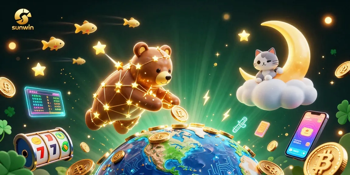 The sunwin constellation bear gathers coins in a vibrant casino scene featuring Bitcoin and Ethereum.