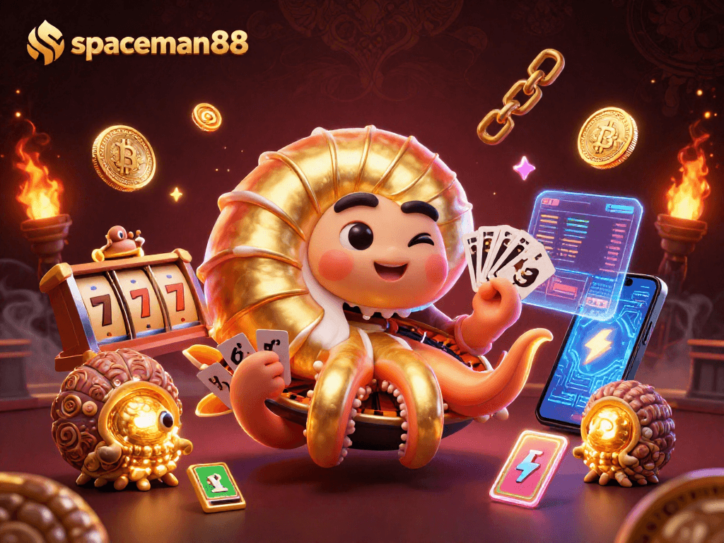 Experience the excitement of spaceman88 with a vibrant 3D casino illustration featuring slot reels and Bitcoin coins.