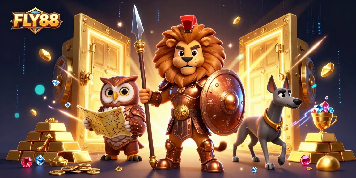 Win big at FLY88 with a vibrant 3D scene featuring adventurous characters and riches!
