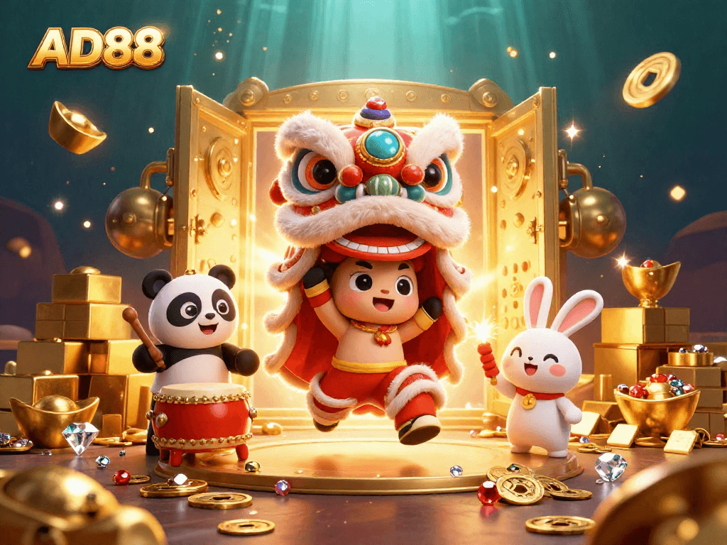 Experience the excitement of AD88 with vibrant characters amidst treasures in a dynamic casino scene.