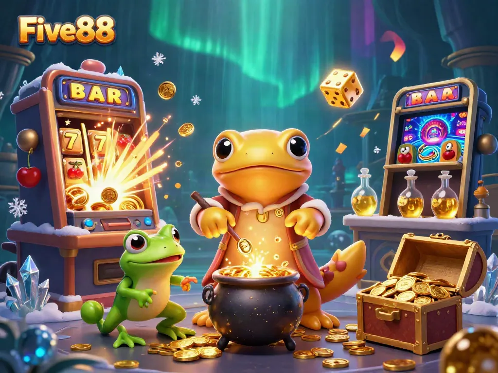 Experience the vibrant allure of Five88 with animated characters in a magical casino environment.