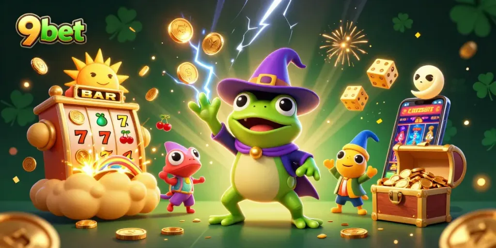 Experience thrilling gameplay at 9bet with golden coins, slot machines, and vibrant graphics.