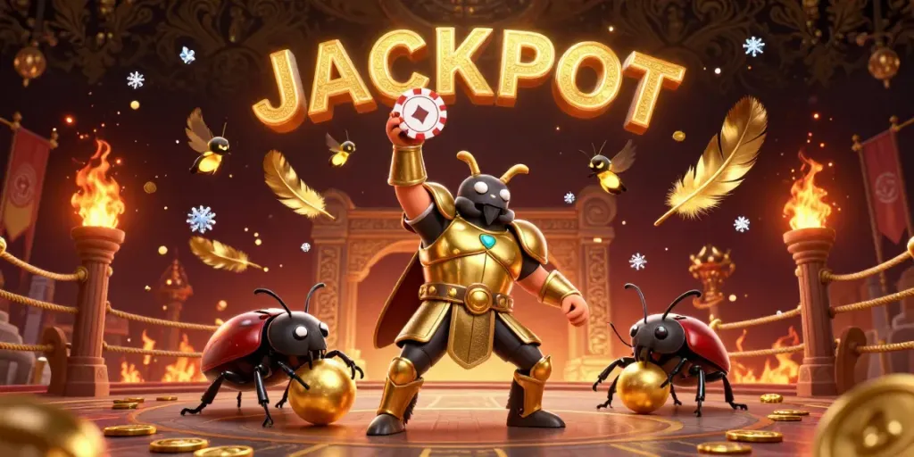 Engaging 3D scene showcasing kèo bóng đá with a hercules beetle in armor lifting a poker chip, surrounded by gold coins and dynamic effects.