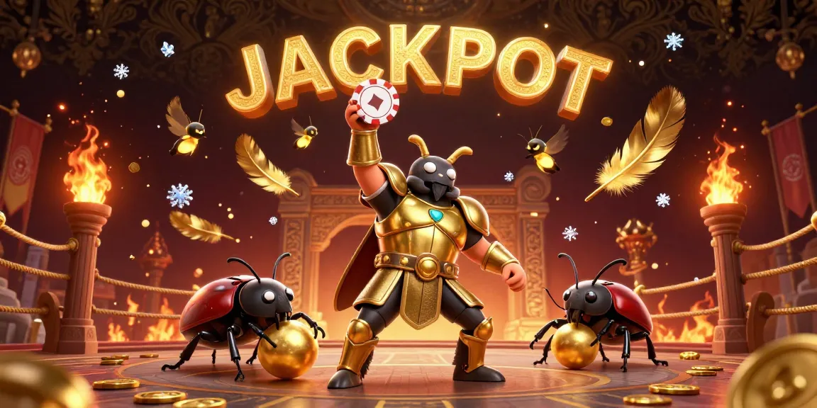 Engaging 3D scene showcasing kèo bóng đá with a hercules beetle in armor lifting a poker chip, surrounded by gold coins and dynamic effects.