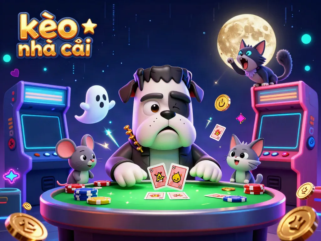 Engage with the kèo nhà cái at a colorful casino table guided by a mischievous bulldog dealer under a ghostly moon.