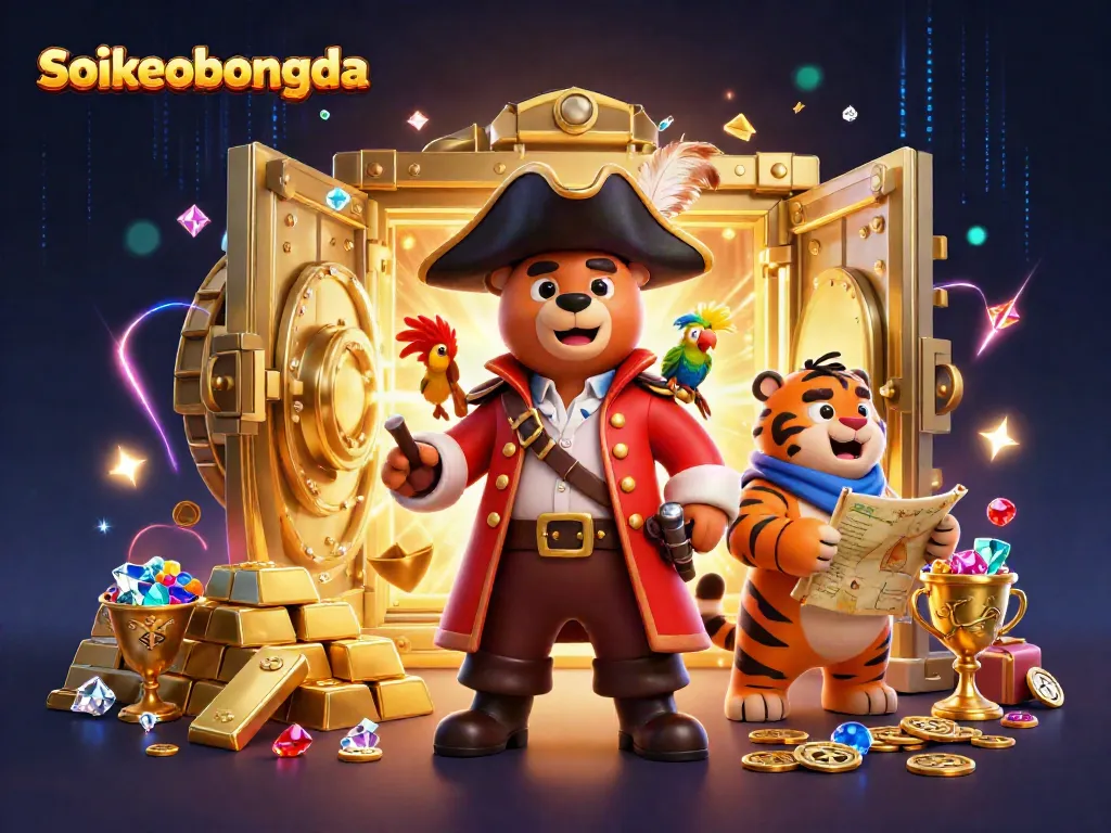 Sparkling treasure hunt with Soikeobongda’s cartoon pirate bear and tiger revealing riches.
