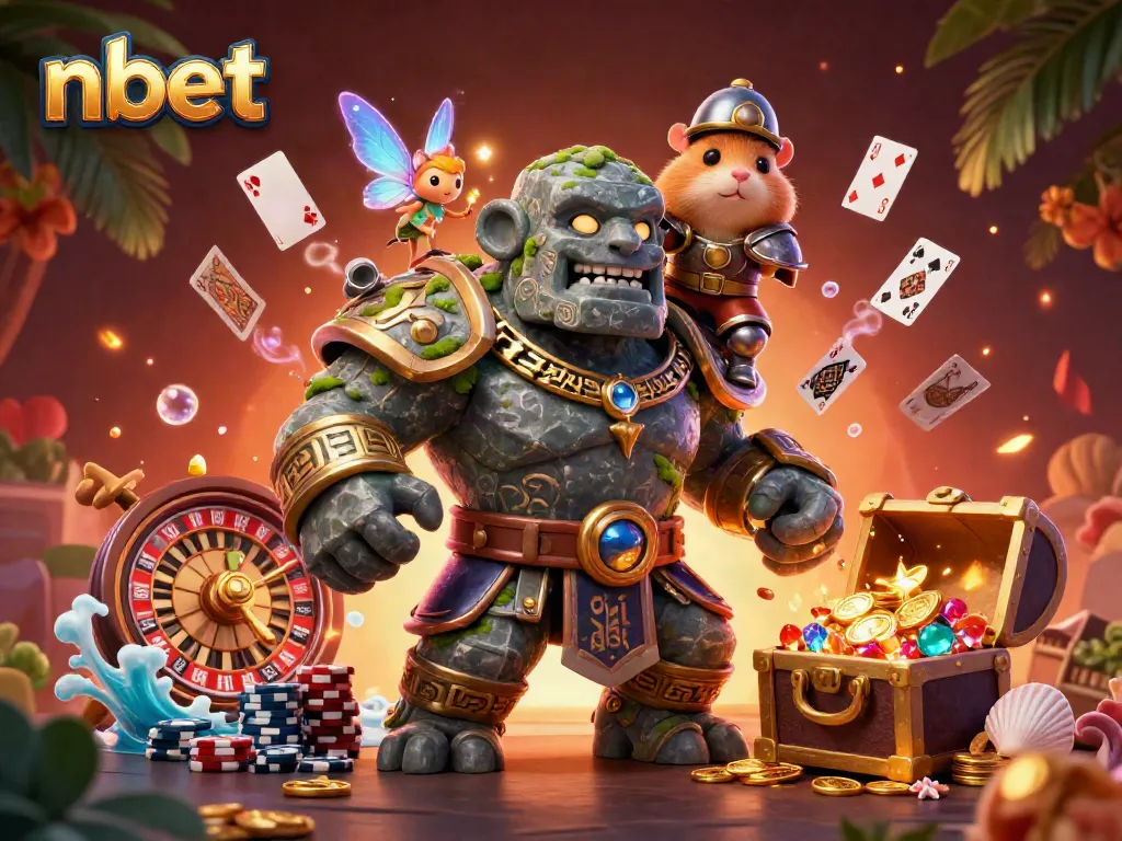 nbet illustrates winning moments with a golem, fairy, and knight amid casino excitement.