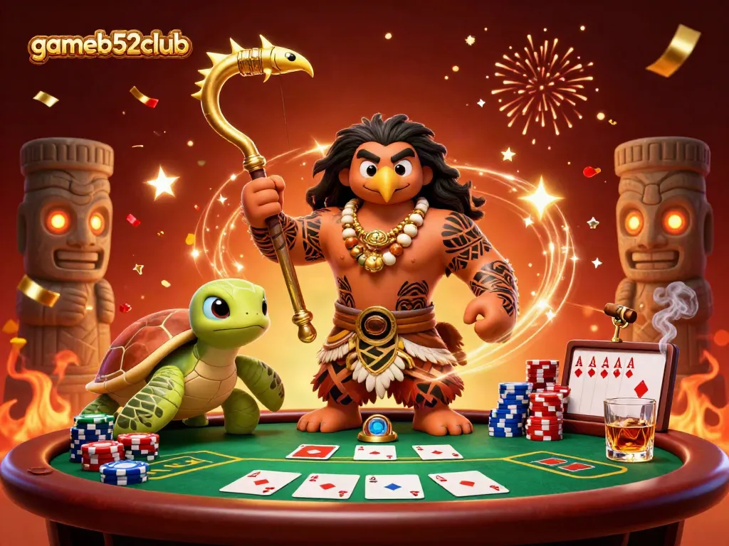 Engage in thrilling games at gameb52club with vibrant casino imagery featuring carts, chips, and characters.