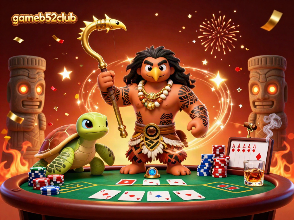 Engage in thrilling games at gameb52club with vibrant casino imagery featuring carts, chips, and characters.