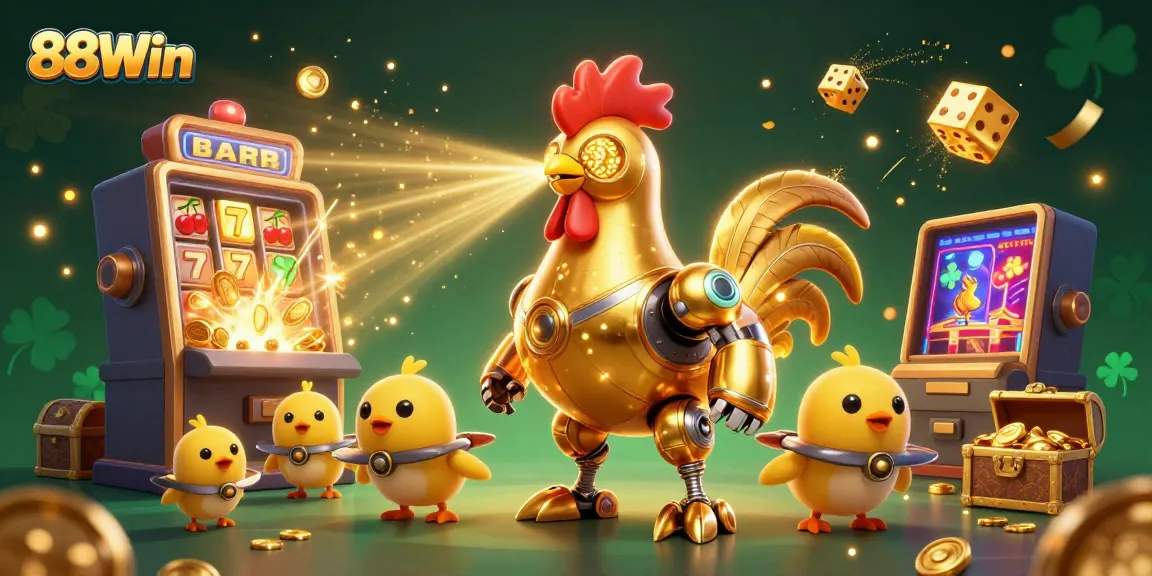 Engage with 88Win's thrilling casino experience featuring the golden rooster robot and baby chick drones.