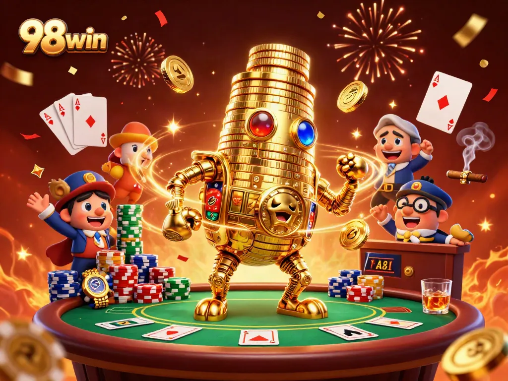 Engage with 98win by winning big at a lively poker scene with golden golem and vibrant casino elements.