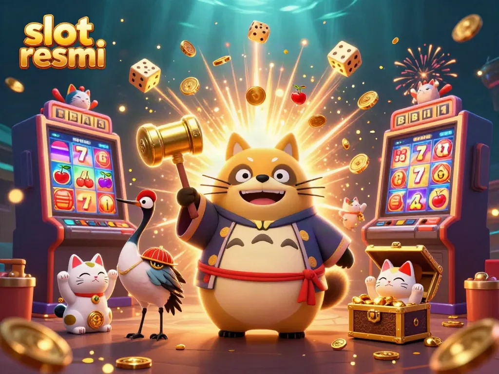 Experience excitement with slot resmi as cheerful tanuki and friends celebrate jackpot wins in this vibrant casino scene.