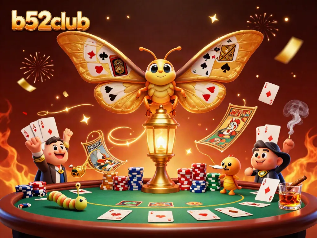 Experience thrilling games at b52club featuring a vibrant casino scene with golden butterfly and poker elements.