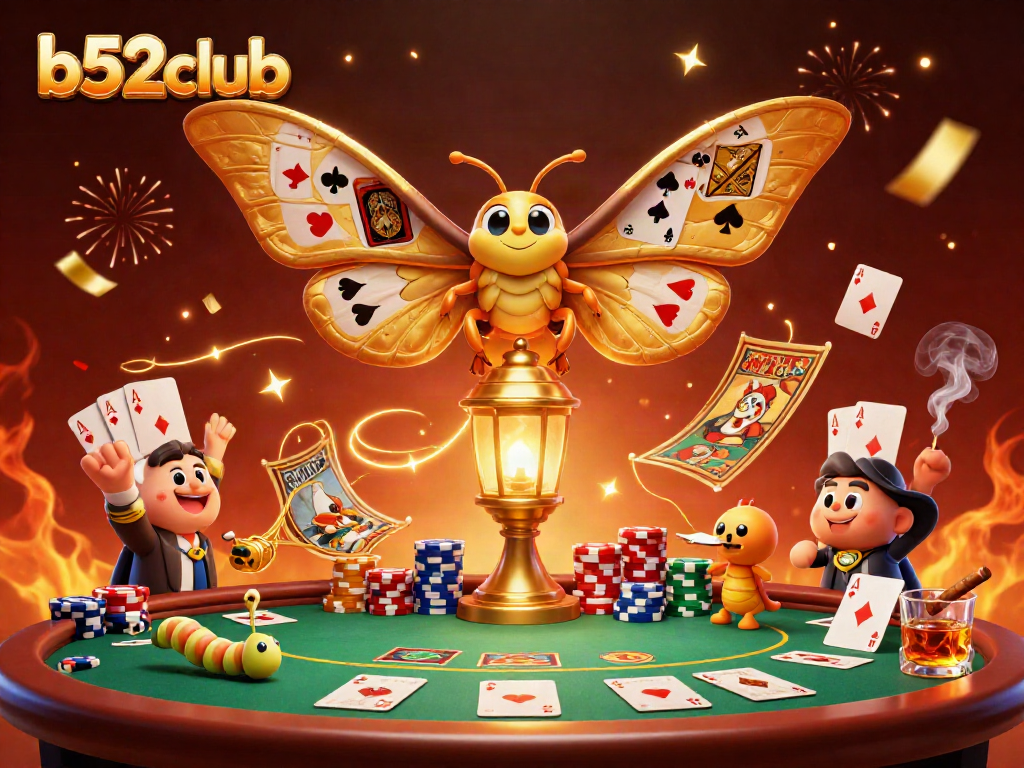 Experience thrilling games at b52club featuring a vibrant casino scene with golden butterfly and poker elements.