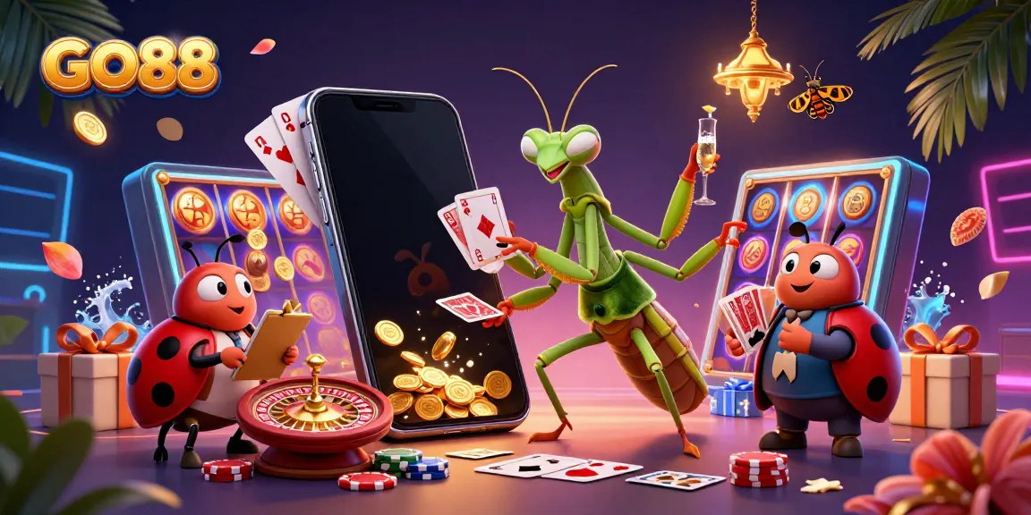 GO88's vibrant online casino scene depicts a giant mantis card sharp and ladybug pit boss amidst dynamic casino elements.