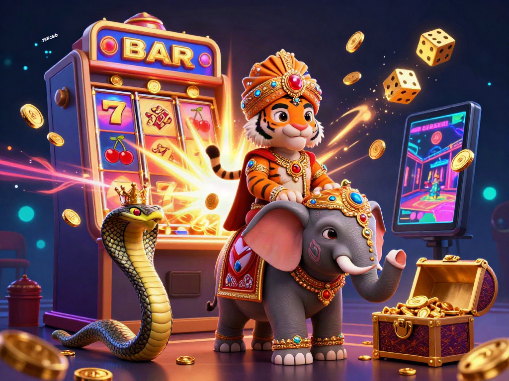Experience the excitement of 789 club with a vibrant 3D scene featuring a colorful slot machine, tiger, and gold coins.