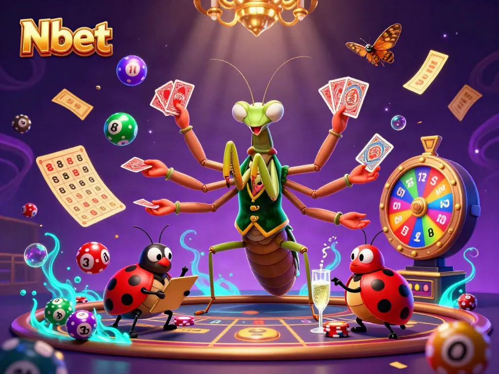 Nbet creates a lively atmosphere with a mantis dealer and ladybug pit boss in an exciting casino scene.