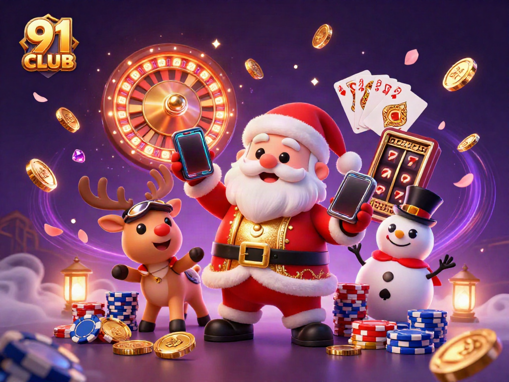 Experience the excitement at 91 CLUB as Santa reveals jackpot slots in a vibrant casino scene.