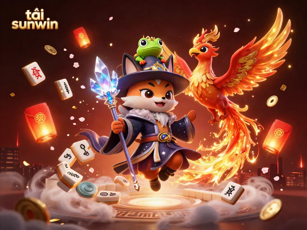 Experience the thrill of tải sunwin with a magical scene featuring a wizard fox and phoenix, surrounded by gaming elements.
