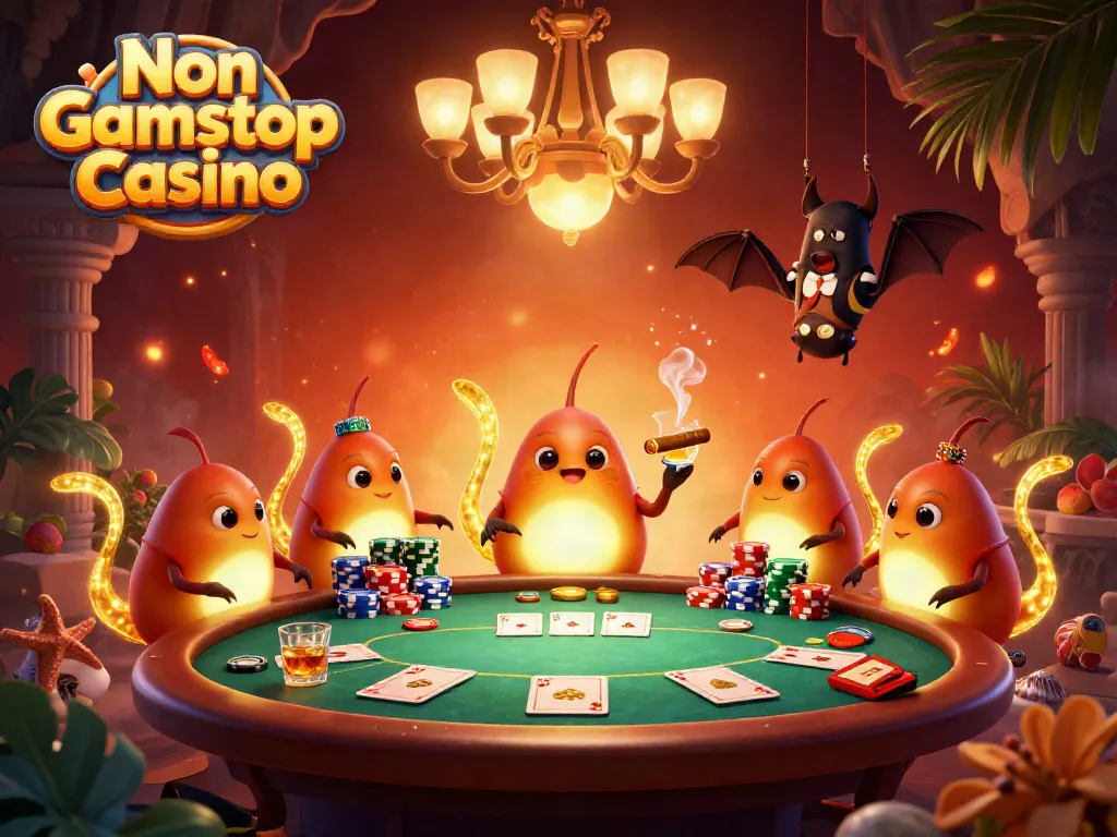 Engaging scene of a Non Gamstop Casino with animated glowworms lighting up a vibrant poker game.