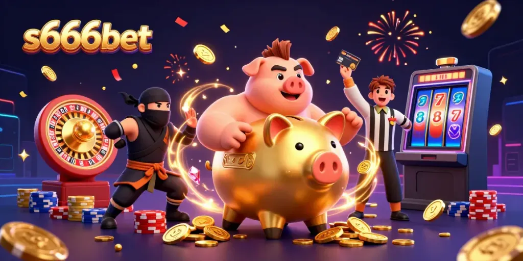 s666bet lively gaming scene showcases a golden piggy bank wrestler, vibrant poker chips, and a dynamic roulette wheel.