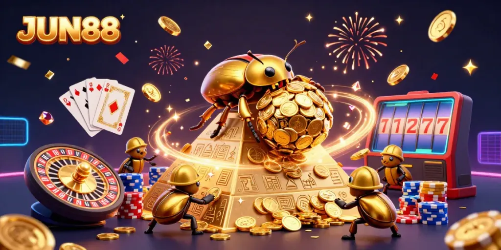 Experience the thrill of JUN88 with a vibrant 3D illustration showcasing a golden beetle rolling coins, surrounded by dazzling casino elements.