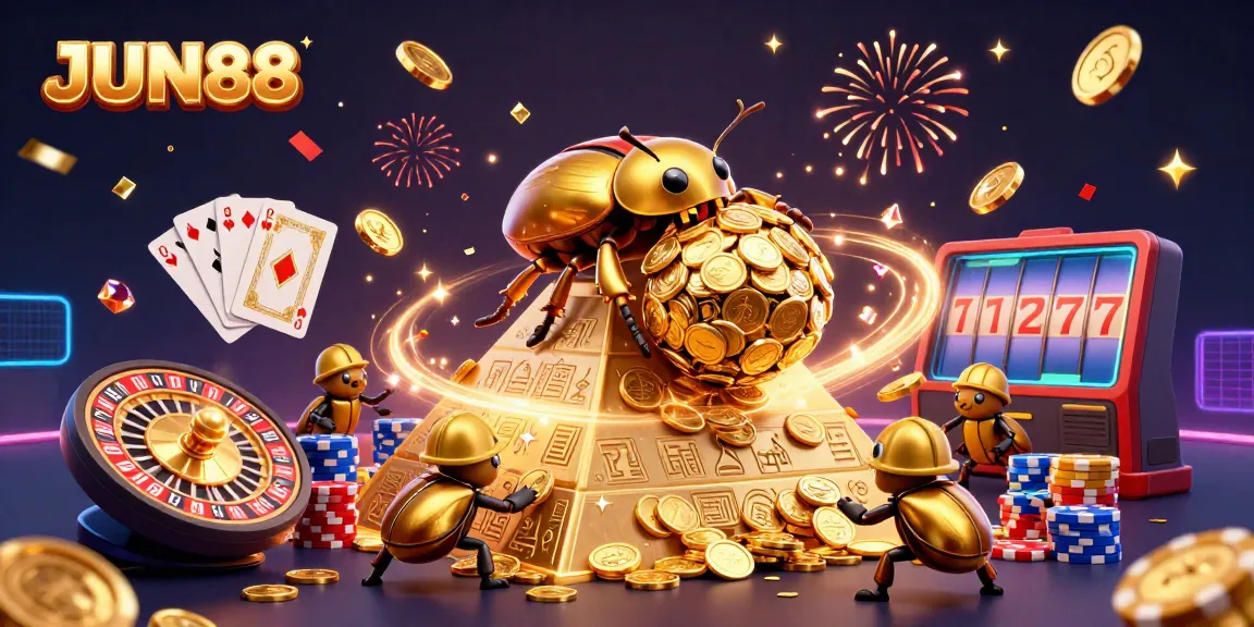 Experience the thrill of JUN88 with a vibrant 3D illustration showcasing a golden beetle rolling coins, surrounded by dazzling casino elements.