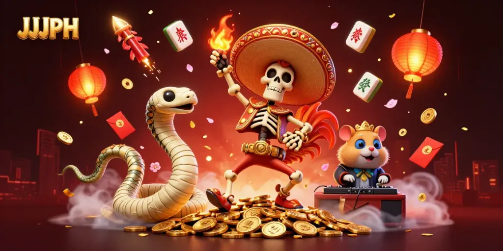 Win big with JJJPH in a vibrant, festive gaming scene featuring dynamic characters and gold!
