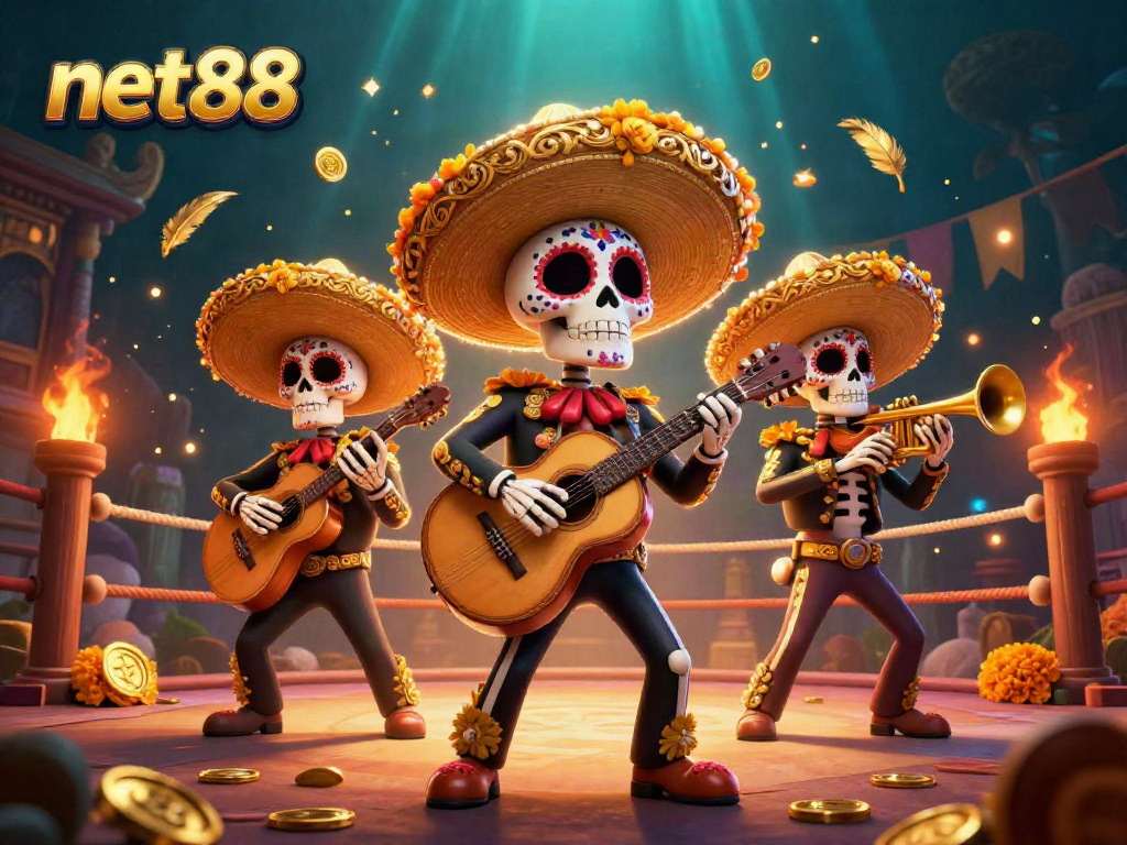 Experience the festive energy of net88 with vibrant mariachi skeletons, gold coins, and casino elements.