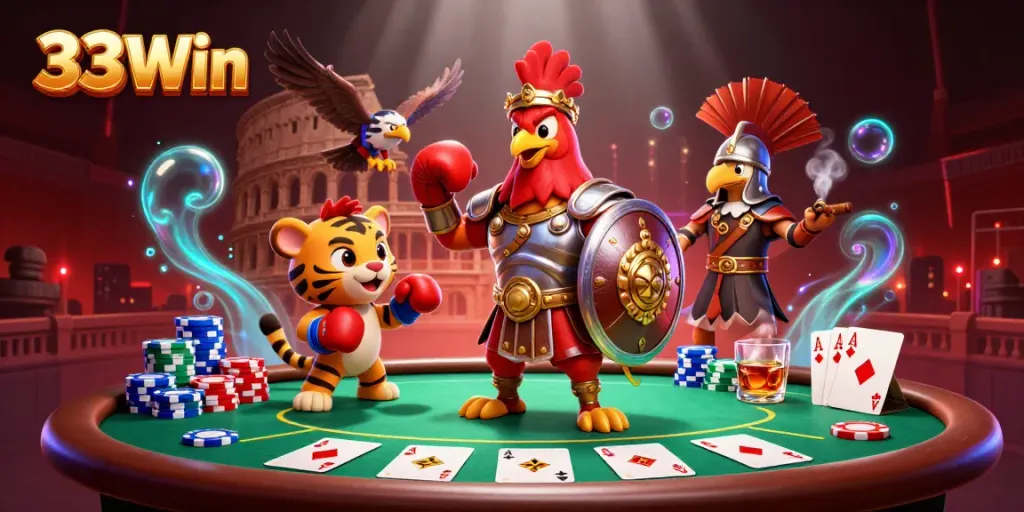 Experience casino excitement with 33Win's dynamic casino scene featuring a rooster and a tiger cub.