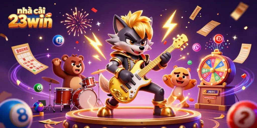 Exciting scene at nhà cái 23win showcasing a rock star wolf and drummer bear on stage amidst colorful casino elements.
