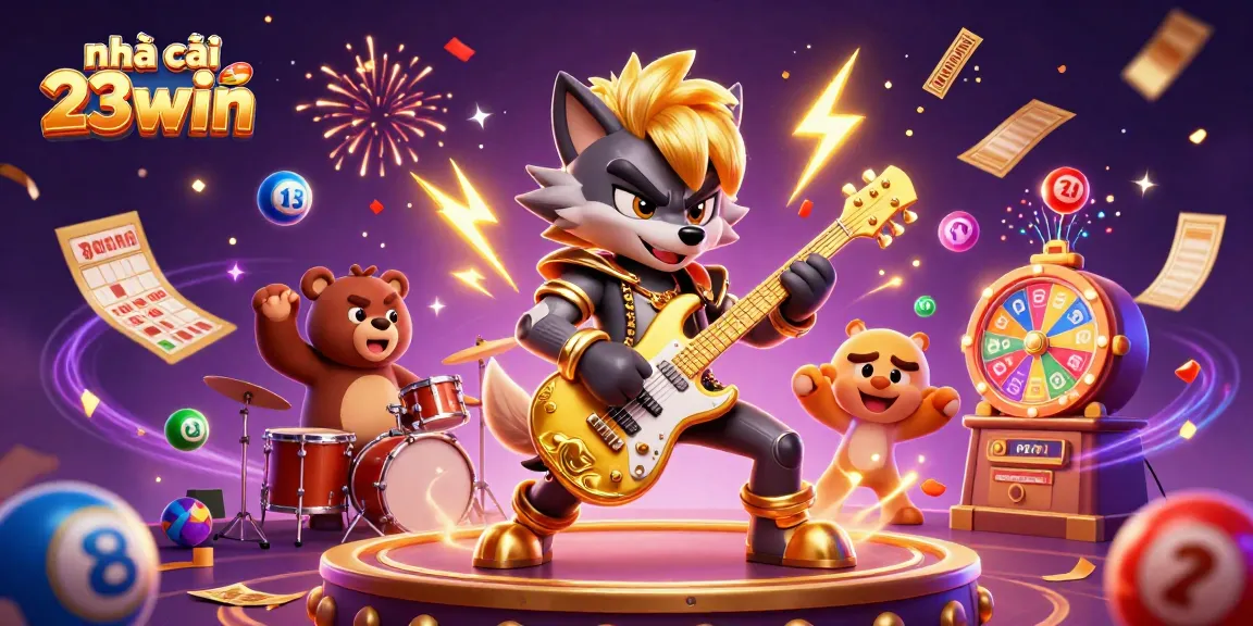 Exciting scene at nhà cái 23win showcasing a rock star wolf and drummer bear on stage amidst colorful casino elements.