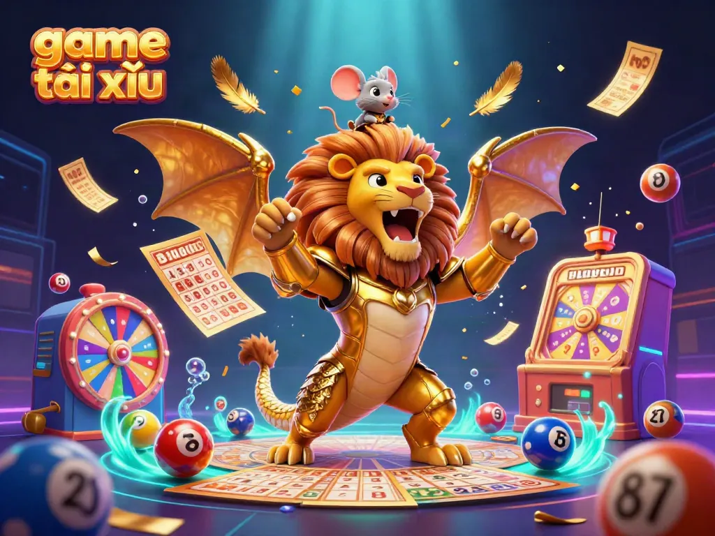 Engage with the dynamic game tài xỉu scene featuring a triumphant chimera and an interactive lottery-themed environment.