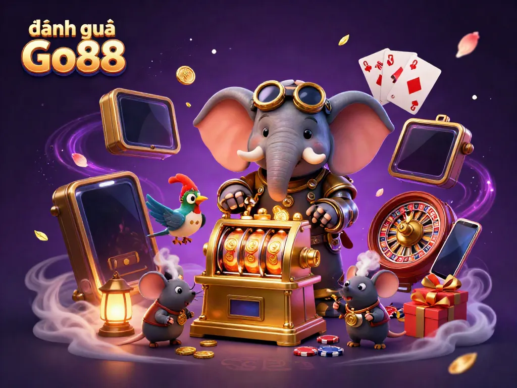 Experience exciting gameplay with đánh giá Go88 as a steampunk elephant engineer spins the golden slot machine.