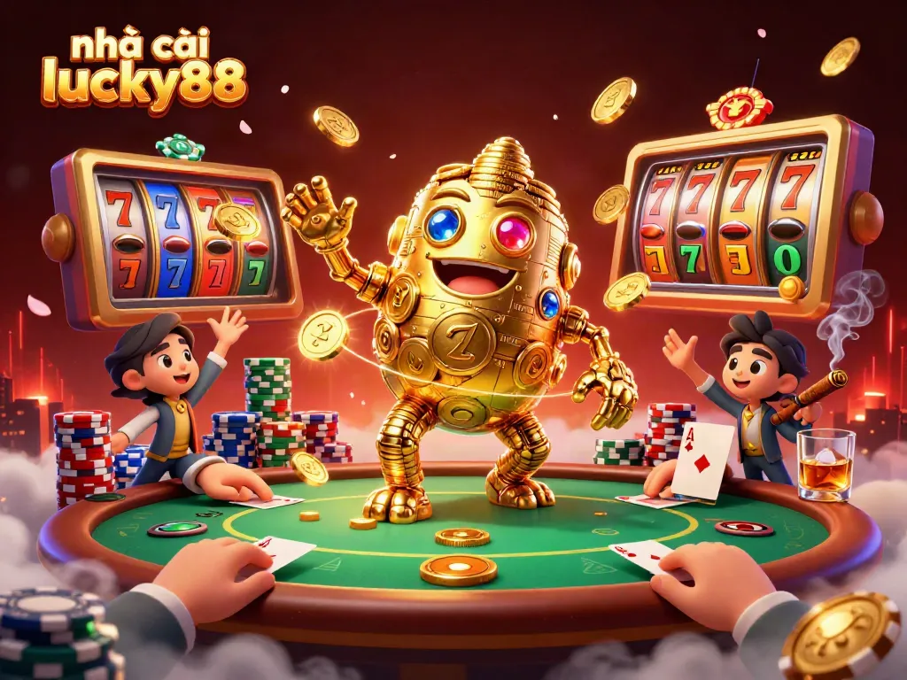 Join the excitement at nhà cái lucky88 with vibrant slot reels and golden golem in a casino setting.
