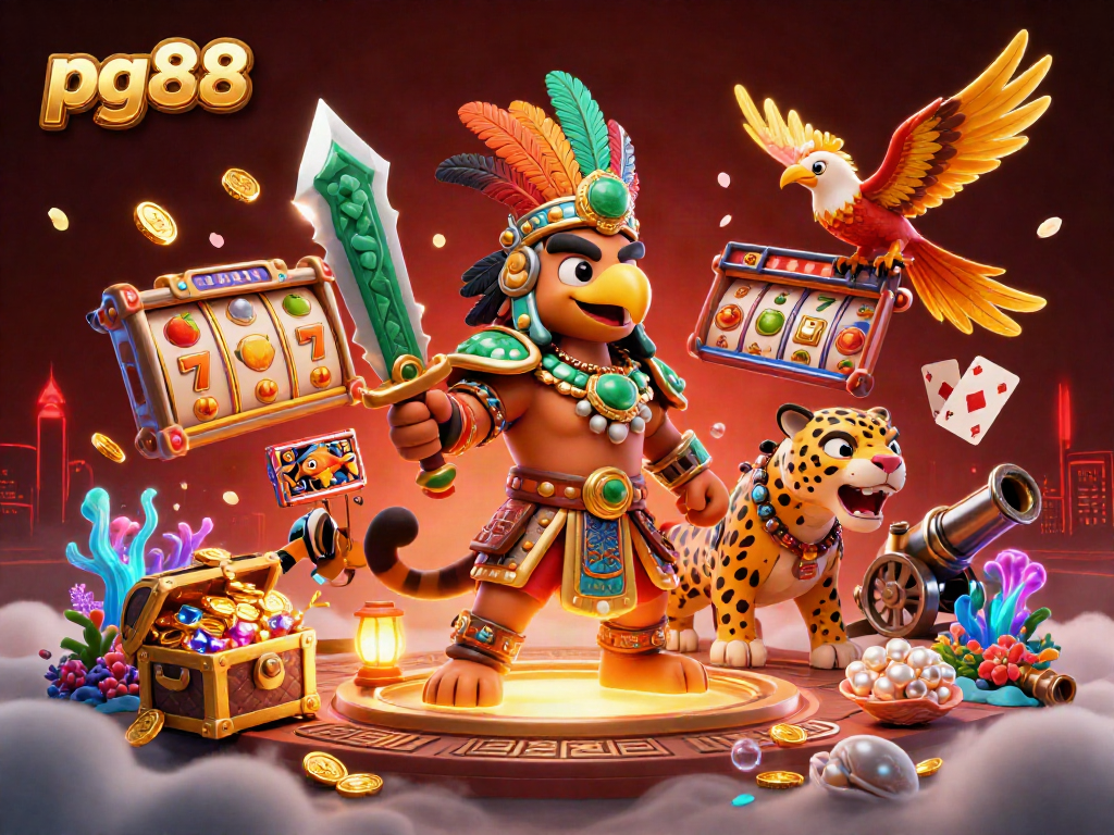 Experience thrilling gaming adventures with pg88's vibrant Aztec-themed casino illustration, featuring dynamic slot elements.