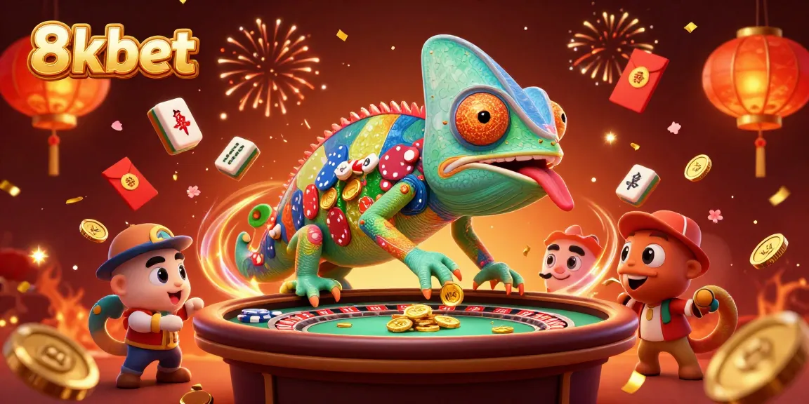 Experience the vibrant energy of 8xbet as the colorful chameleon casino owner snaps up coins amidst festive elements.