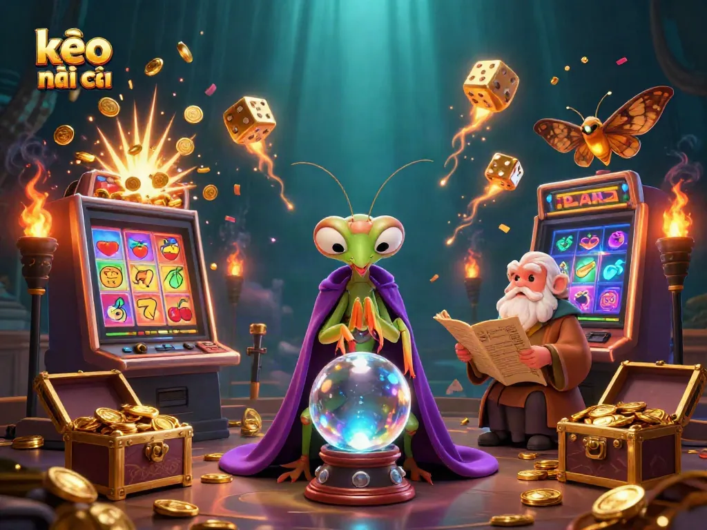 Immerse yourself in the thrilling world of kèo nhà cái with this vibrant 3D scene featuring fortune tellers and casino symbols.